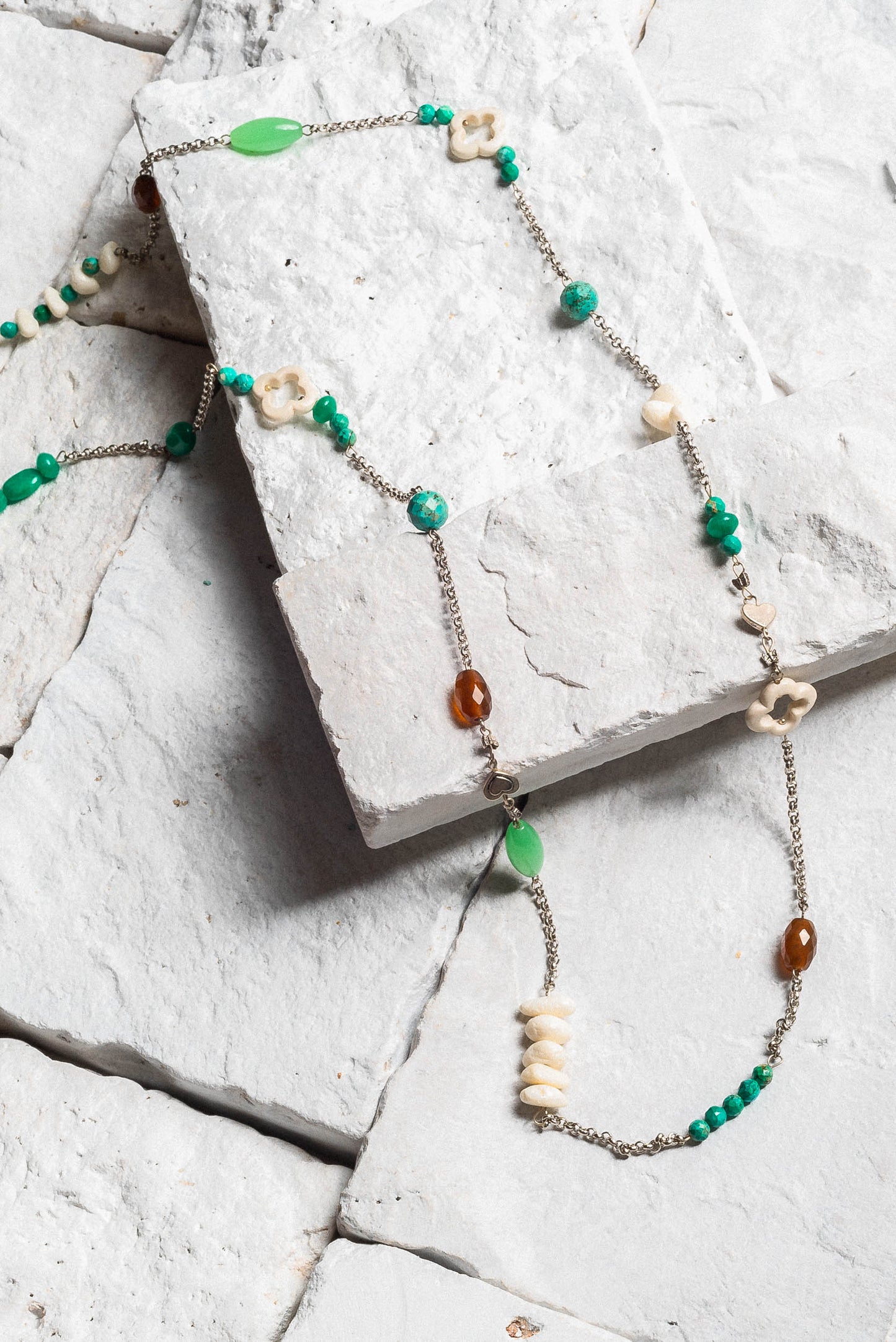 Jennifer Necklace, Green Agate/White Coral.