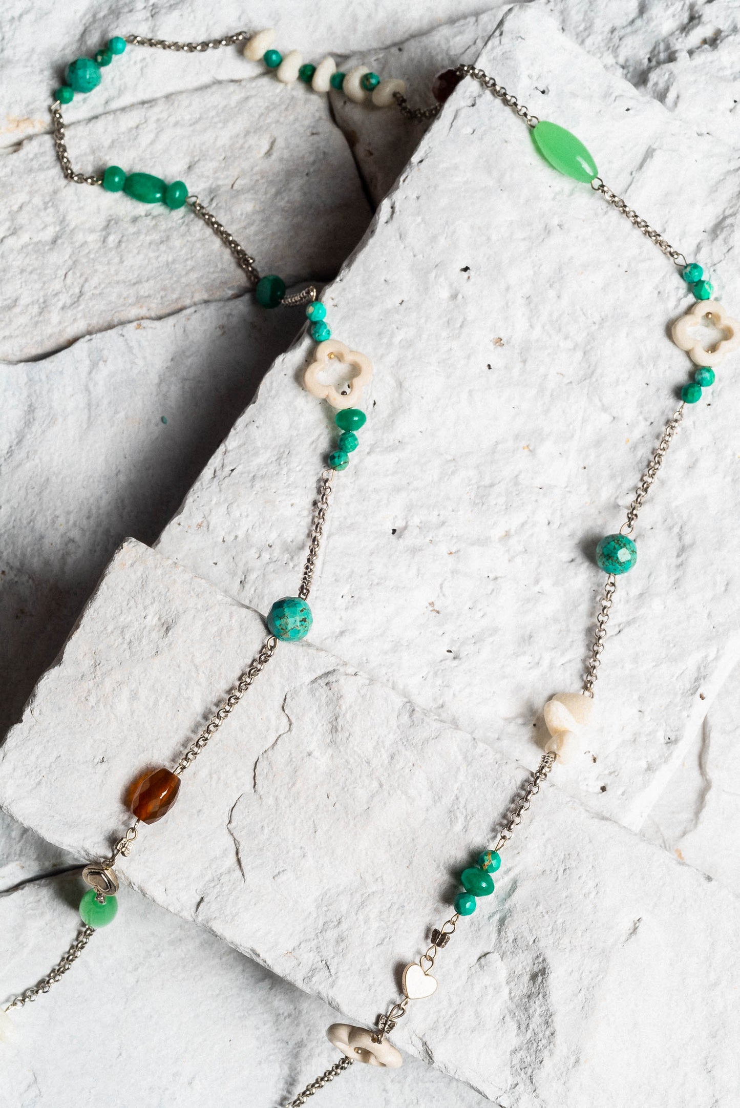 Jennifer Necklace, Green Agate/White Coral.